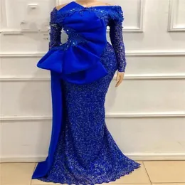 ASO EBI pizzo Africano abiti da sera blu royal blu scintillanti sirena in perline sirena nigeriana araba manica lunga abito da ballo 261Z 261Z