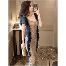 Basic Casual Dresses Women Summer Luxury Elegant Bright Shiny Sequin Dress Y Ruffle Sheer Midi Robe Banquet Ball Party Fashion Show Ve Dhrb2