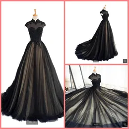 2021 Imagem real Black Champagne Tulle A Line Prom Dress Decote de decote alto Tampa de tampa de renda modesta Apliques de bail