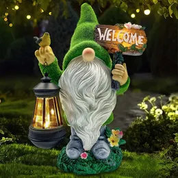 Lovinland Large Flocking Resin Statue with Solar Lights Welcome Sign Garden Courtyard Decor Dwarf Sculpture Suitable for Outdoor Terrace, Porch, Lawn