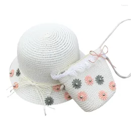 보석 파우치 밀짚 태양 모자 가방 세트 귀여운 활 여름 해변 꽃 레이스 캡과 핸드백