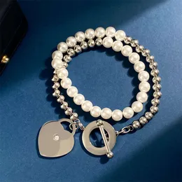 S925 Silver Tiffanyjewelry Heart Pendants Titanium in acciaio a forma di diamante a forma di diamante con perle perle a doppio strato
