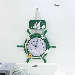 Relógios de parede Mediterrâneo Relógio de ancoragem do estilo de parede Relógio de leme de madeira para sala de estar bar parede pendurada no oceano relógio decoração de relógio