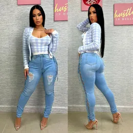 Jeans femminile 2024 Summer Women's High Waist Slip Fit Lace-Up Telut Up Cuce di moda Calco pantaloni in denim