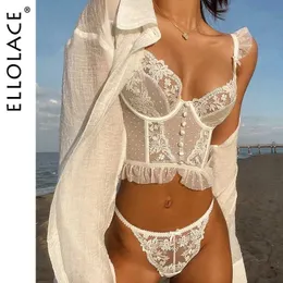 Sexy Set Ellolace Fantastische Dessous -Spitze Rüschen transparenter BH Stickerei weibliche Unterwäsche Hochwertige nahtlose Outfits für Frau Q240511