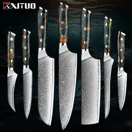 Damaskus Kök Knife Set 1-7 st Super Sharp Full Tang Chef Knife Kniv Kniv Santoku Kniv Stabiliserat trä Ergonomiskt handtag