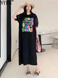 Party Dresses NYFS 2024 Summer Korea Woman Dress Vestidos Robe Elbise Loose Plus Size Pocket Slit Print Paneled Puff Sleeve Long