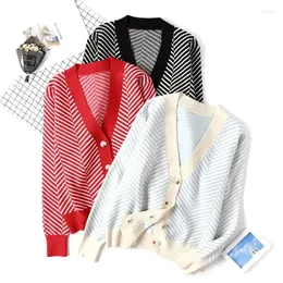 Women's Knits Women Striped Knitted Cardigan Cashmere Sweater Mujer Femme Manche Longue Tricot Korean Knit Tops Winter Thick Christmas