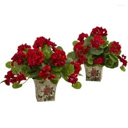 Decorative Flowers Geranium Flowering Artificial Plant With Floral Planter Set Of 2 Red Pampas Grass Decoration Artifi