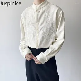 Camisas casuais masculinas estilos chineses stand blotar botão bordado camisa de manga longa Boda