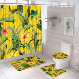 Duş perdeleri tropikal bitki yeşil yaprak perde seti suluboya orman çiçek banyo kaymaz halı banyo paspas kapak tuvalet kapağı