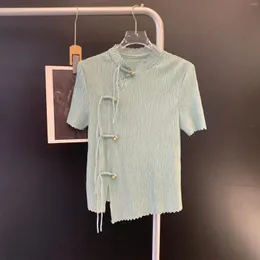 Kadın Tişörtleri Miyake Piled T-Shirt Gevşek İnce Mizaç Zarif Bluz Kadın 2024 İlkbahar ve Yaz Baskı Etnik Stil
