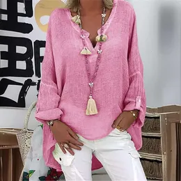 2024 Cotton and linen Solid V-neck Long sleeved Casual Loose Shirt F51329
