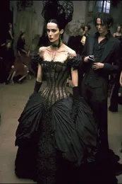 Ortaçağ tarihi siyah korse balo elbiseleri gotik cosplay gece elbiseleri omuz balo elbisesinden özel gün giymek damla bel vintage maskeli balo elbisesi
