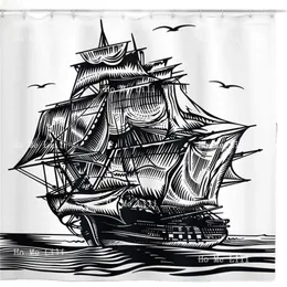 Duschvorhänge Piratenschiff mit Vintage Segelboot auf exotischem Wasser grau Leuchtturm Marine Old Historical Fregatte Seilkunststil Vorhang