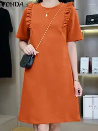 Lässige Kleider Vonda Sexy Solid Color Kleid 2024 Sommer Rüschen Sundress Mode Frauen LOSS Kurzarm Robe Elegant Mini Vestidos