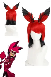 Supplência de festa peruca de fantasia de Alastor com caras de cosplay e orelha El Wigs curta vermelho preto resistente ao calor Synthetic Homens Mulheres adereços