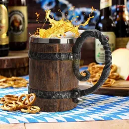 マグカップバイキング飲料カップ木製バレルビールマグ再利用可能なリークプルーフコーヒーステンレススチール茶ハンドル中世の飲み物