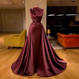 2020 Burgundy Muslim Evening Dresses Vestido de Novia Pleat Satin Arabic Mermaid Dubai Prom Gowns Red Carpet Dress 251r