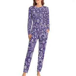 Abbigliamento da donna Floral Paisley Pajamas Blue Boho Style Set simpatico Donne 2 pezzi Leisure Oversize Regalo di compleanno di abbigliamento da notte stampato