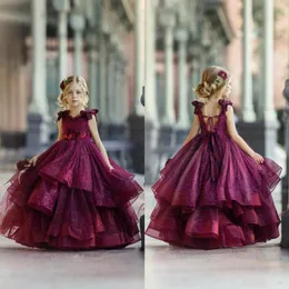 2020 Burgundy Flower Girl Dresses for Wedding Lace Beads 3D Floral Floriqued Little Girls Pageant Dresses Party Princess Wear 287m