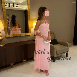 Платья для вечеринок Viisher Pink русалка вечерние бусинки Halter Mono Satin Long Prom Prome Dlong Hangal Prowns