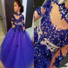 2020 Royal Blue Girls Pageant Dress Princess Long Sleeve Crystals Crystals Party Cupcake Young Pretty Little Kids Celebrity Flower Girl G 296S