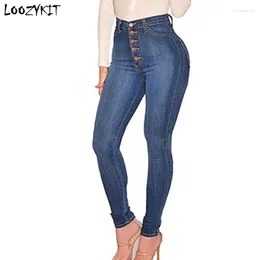 Yoga Roupfits Loozykit Jeans Mulher Cantura alta elástica Botão azul escura Moda de jeans de calça skinny