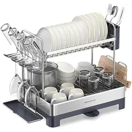 Rack de secagem de pratos de armazenamento de cozinha - 2 camada para balcão com esgotador de bico rotativo e extensível