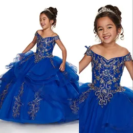 Ucuz Kraliyet Mavi Şeftali Kızlar Pageant Elbiseleri Omuz Kapalı Altın Dantel Nakış Boncuklu Çiçek Kız Elbiseler Çocuklar Doğum Günü Komünyonu 291H