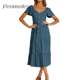 Casual Dresses Ladies 2024 Dress Svelte Solid Color Summer Button Temperament Versatile Short Sleeve U-Neck Fashion Vestidos