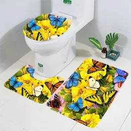 Maty do kąpieli Cloocl Toalet Mata Zestaw Kwiatowy Rose Butterfly Drukowane dywany podłogowe Dywaniki Prysznic łazienki Poduszka Poduszka Dokorna domu