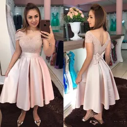 Off Shoulder Pink Prom Homecoming Dresses V Neck Knot Lace Pleats Short Sleeves Formal Prom Party Dress Sweet 16 Cocktail Dresses L148 308Y