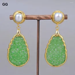 Dangle Earrings GG Freshwater Cultured White Pearl Gold Edge Plated Green Jade Carved Party Jewelry For Women Lady Gift