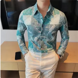Camisas de Hombre高品質のメンズシャツ韓国の贅沢服スリムフィット長袖の花柄のフローラルシャツビッグサイズブラウス4xl