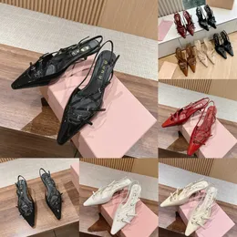 mimu Dress Shoes Slingback high heels Lace up shallow cut shoes Sandals Mid Heel Black shoes Rubber Leather Ankle Strap Women Slippers 240115 240511