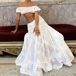 Boho inspirierte sexy und elegante Damen-Spitzen-Stickerei White Long Vintage Elastic Taille A-Line Sommer Holiday Kleid 240426
