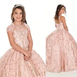 2022 niedliche Roségold -Pailletten -Lace Girls -Festzugskleider Kristall Perlen Rouge Pink Kids Prom Kleid Geburtstagskleider für das kleine Mädchen 270t