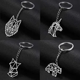 Keychains Lanyards Jeshayuan Fox Tiger Wolf Bear Animal Keychain 스테인리스 중공 개 유니콘 토끼 남성 여성 선물 키 체인 2023 Y240510