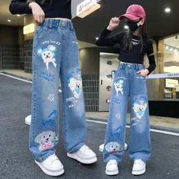 Jeans för flickor mode tecknad tryckt långa denimbyxor tonåringar barn söta hundmönster breda ben byxor 5 7 9 11 13 14y 240507