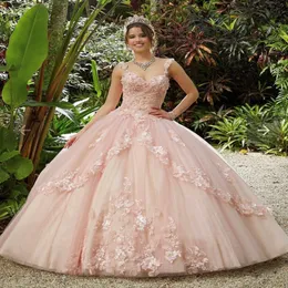 Pink Princess Quinceanera Dress Sweet 16 Ball Gown 2022 Appliques Sequins Beads Flowers Backless Party Vestidos De 15 Dresses for quinc 3330