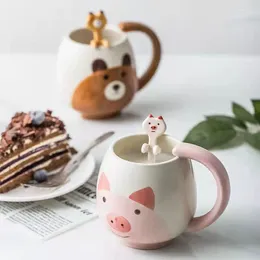 Tassen süßer Cartoon Tier Keramik Tasse Haus Frauen Becher handbemalte Kinderwasser mit Löffel Kaffee Milch