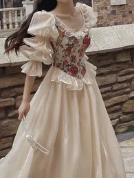 Vintage Elegant Print Floral Dress Women Autumn Oneck Casual Evening Party Midi Female Puff Sleeve Korea Fairy 240424