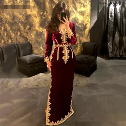 Vestidos de noite do Marrocos Caftan V Mermaid Prom Dresses Late Slit Velvet Gold Lace Aplique Mangas longas Vestido de festa noturna 3045