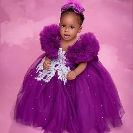 2021 Purple Lace Crystals Flower Girl Dresses Ball Gown Tulle Elegant Lilttle Kids Birthday Pageant Wedding klänningar 252L