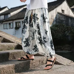 Calça masculino de estilo chinês bambu retro ieaf mass wideleg kung fu tradicional casual calça de tamanho grande 240506