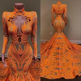2022 vestidos de baile laranja de peças altas sereias de manga de mangas compridas corpete de ilusão sexy personalizada feita de tamanho grande e vestidos de noite formal occ 275x