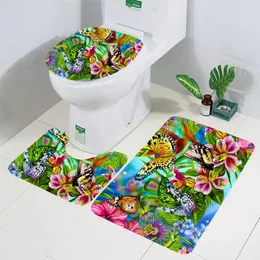 Badmatten Cloocl Toilettenmatte Set Pflanzen Blatt Blumen Schmetterling 3D bedruckte Boden Teppich Teppich Badezimmer Dusche Teppich Kissen 40x60 cm
