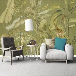 Bakgrundsbilder milofi anpassad stor tapet väggmålning nordisk minimalistisk handmålad retro tropisk växt sebra giraff bakgrund väggdekoration