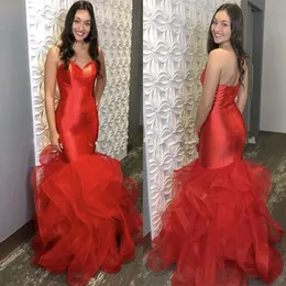 2020 Red Ruffle Mermaid Prom Bridesmaid Dresses Strapless Satin Dress Evening Wear Party Long Formal Dress Special Endan Women Cheap 2080